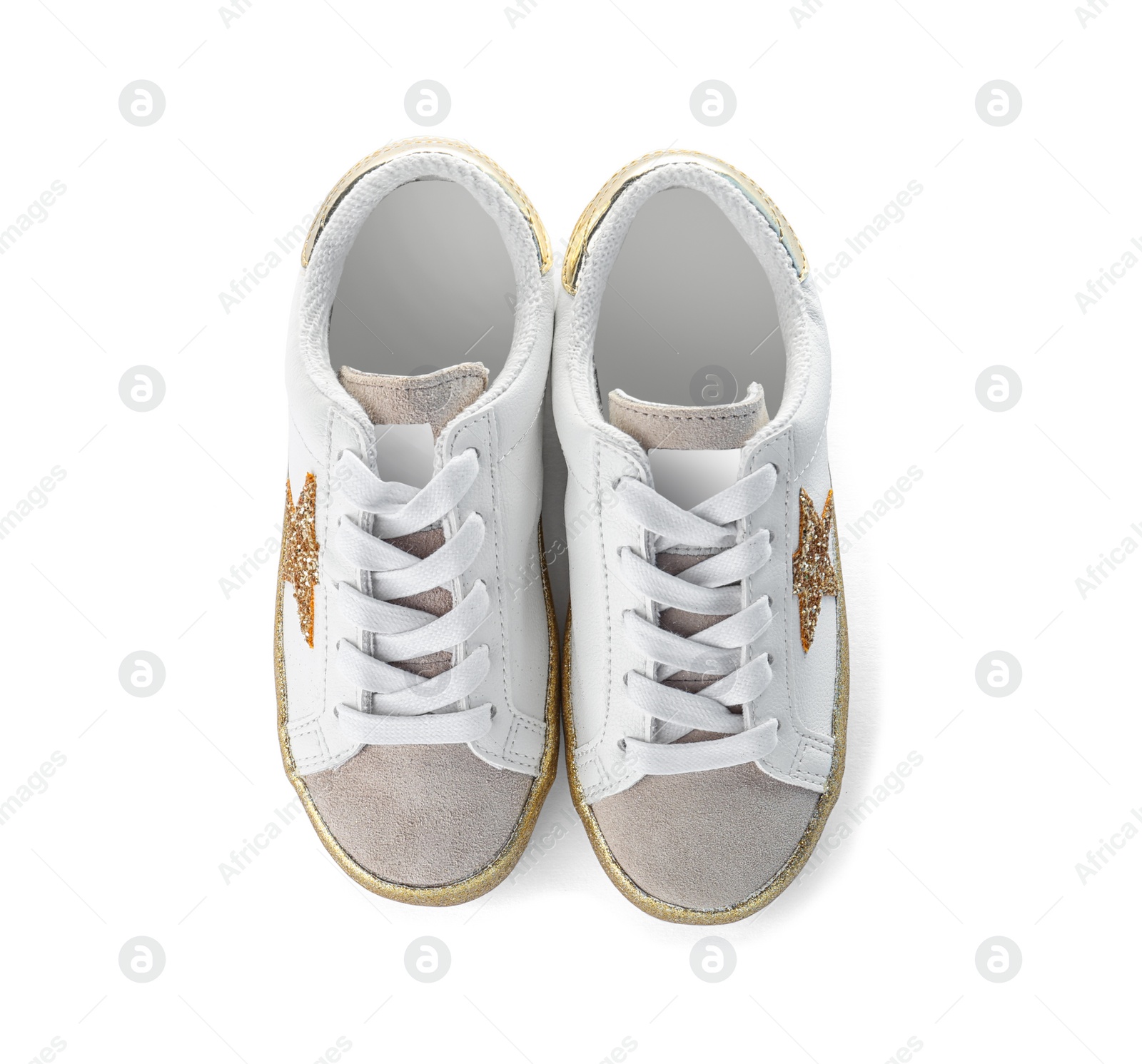 Photo of Pair of stylish new shoes on white background, top view