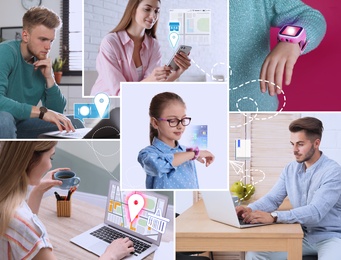Control kid's geolocation via smart watch. Photos of parents and their children, collage