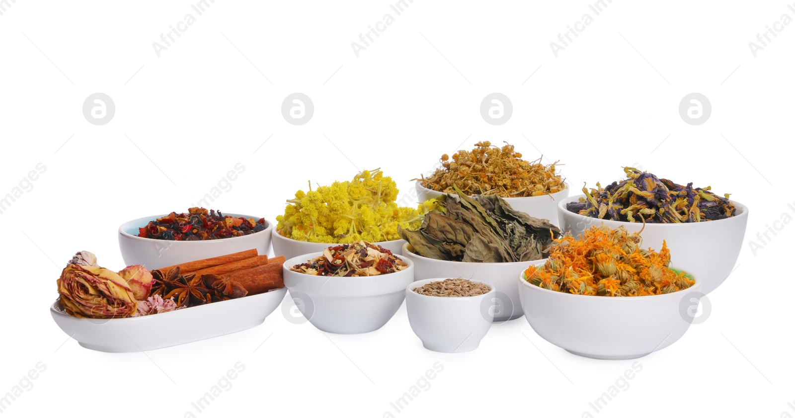 Photo of Many different dry herbs, flowers and spices in bowls isolated on white