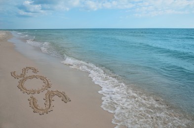 Image of SOS message drawn on sandy beach near sea