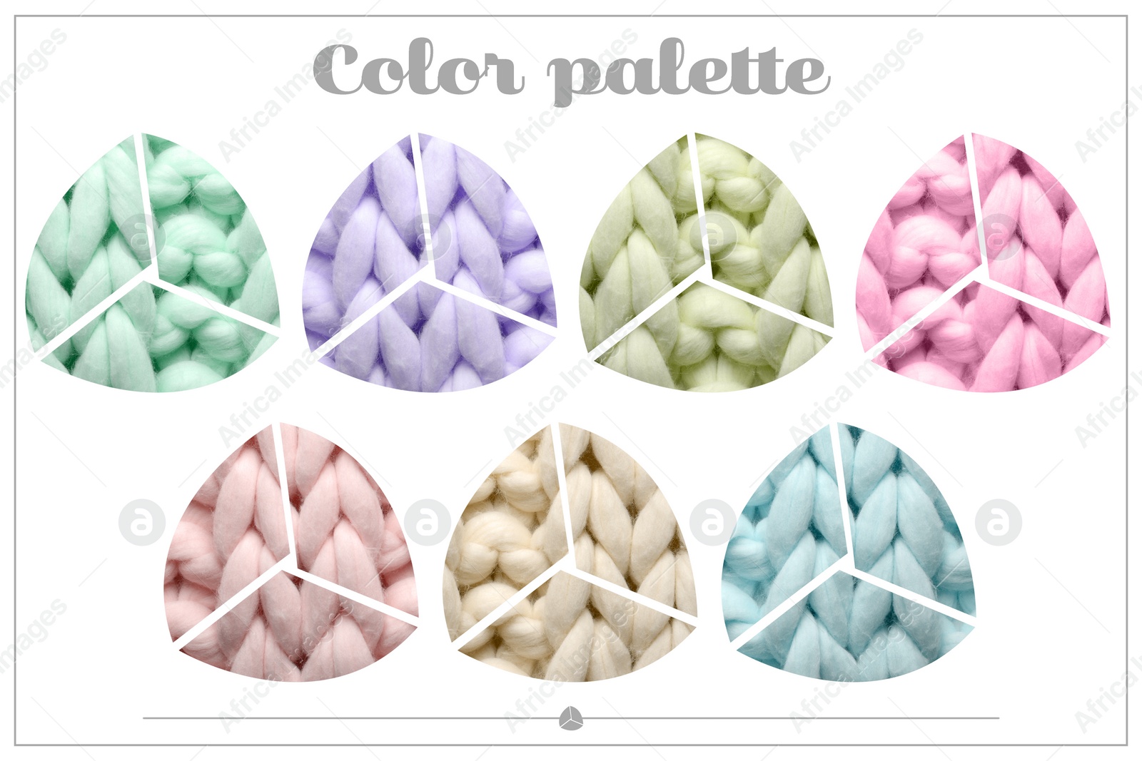 Image of Samples of different wool on white background, collage. Color palette