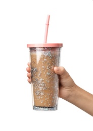 Photo of Woman holding glitter coffee tumbler with straw isolated on white