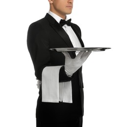 Photo of Elegant butler holding silver tray isolated on white, closeup