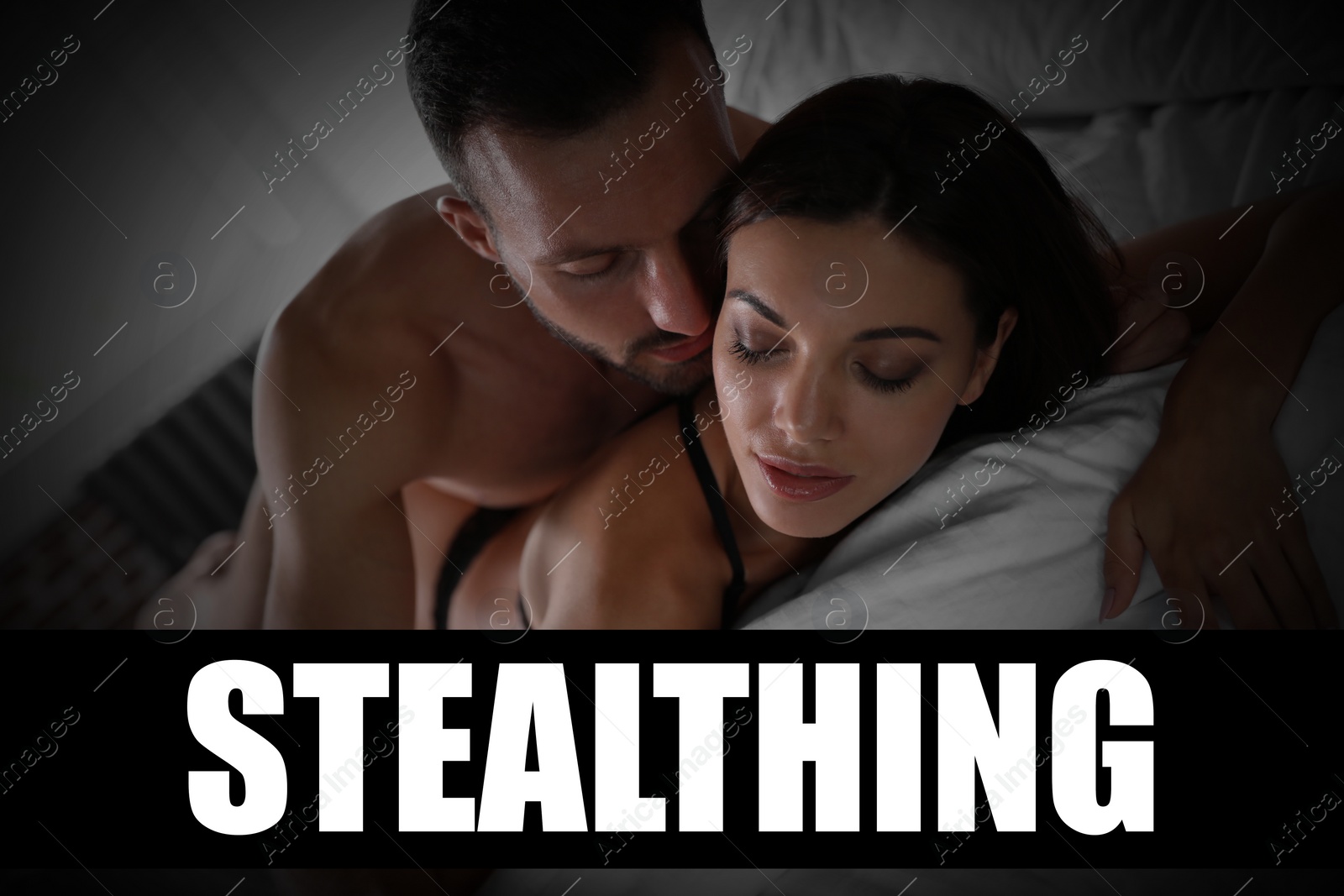 Image of Stealthing is crime. Passionate couple having sex on bed at home