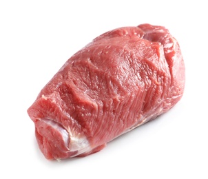 Photo of Piece of raw beef on white background. Natural food high in protein