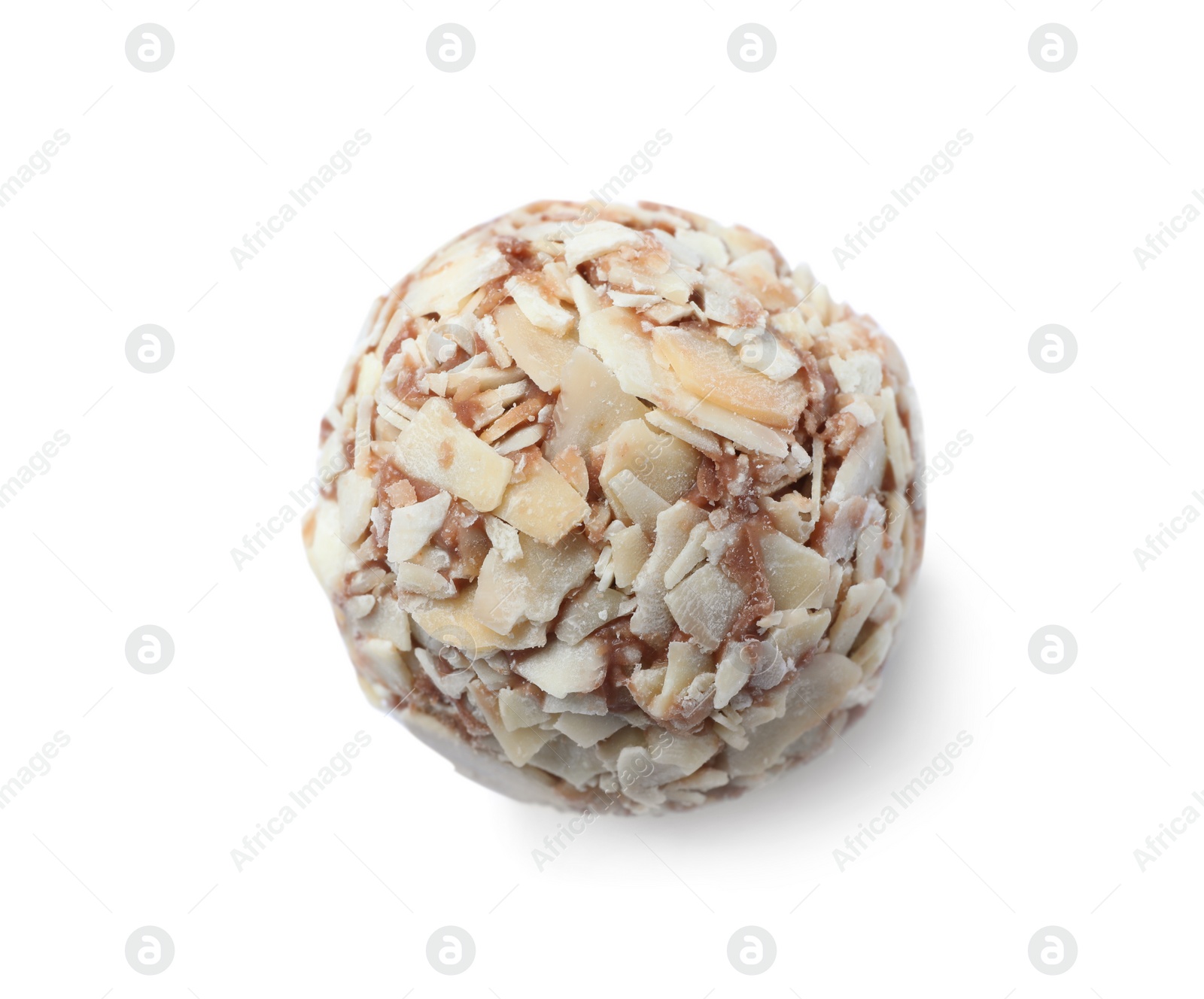 Photo of Delicious chocolate candy with almond flakes isolated on white