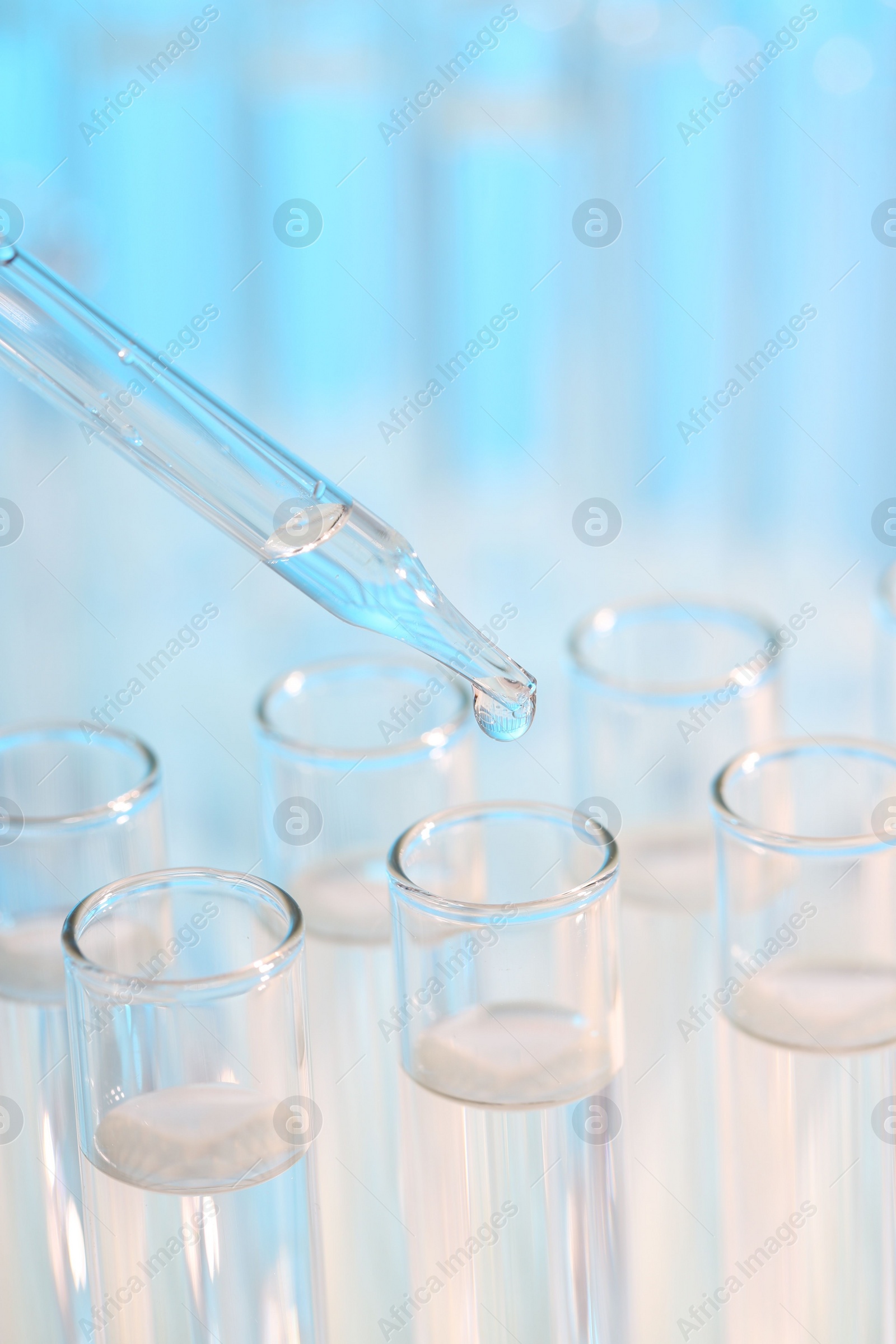 Photo of Laboratory analysis. Dripping liquid from pipette into glass test tube on light blue background, closeup