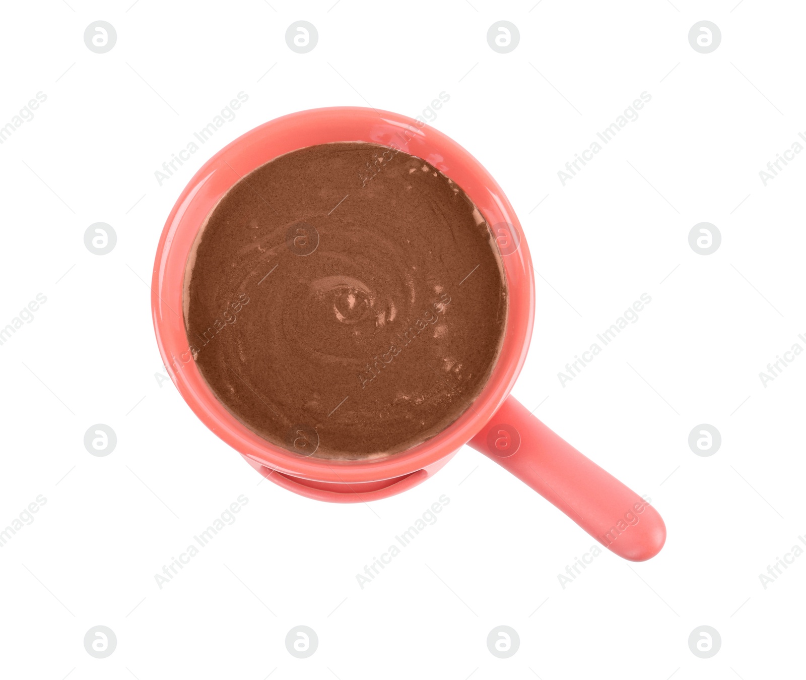 Photo of Fondue pot with melted chocolate isolated on white, top view