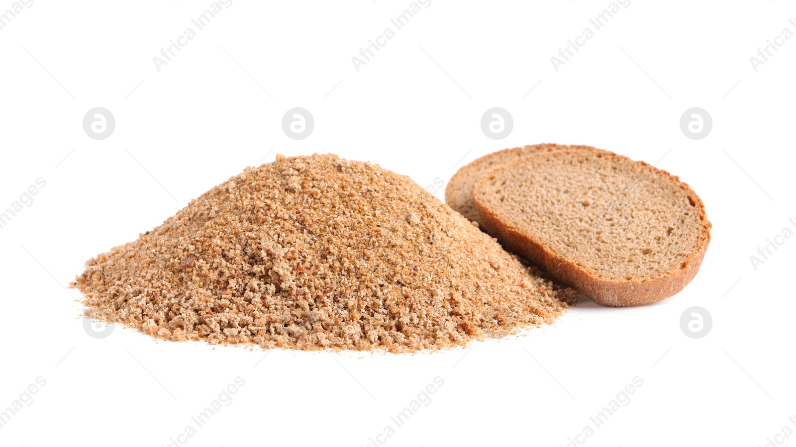 Photo of Fresh bread crumbs and slices of loaf on white background