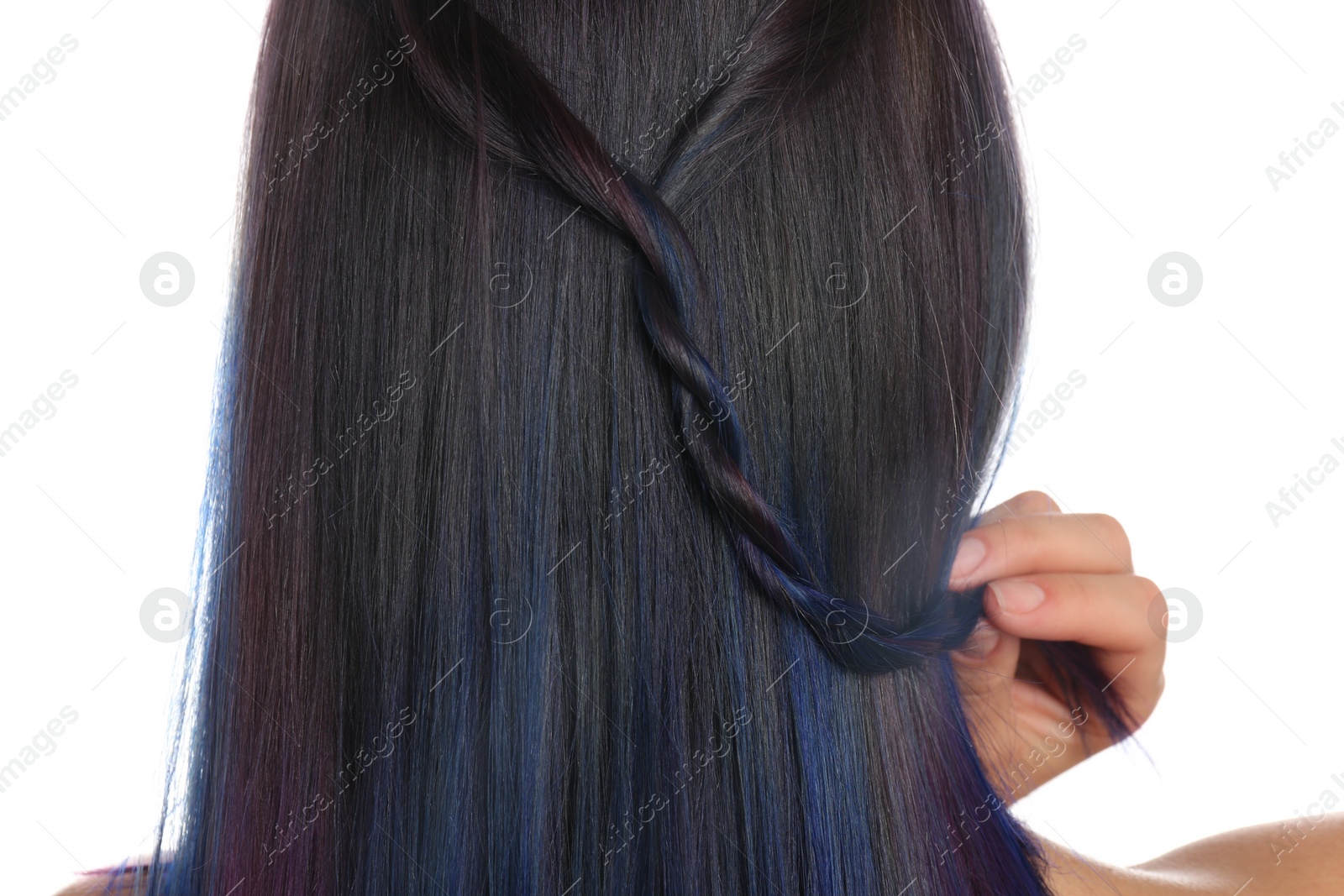 Photo of Young woman with bright dyed hair on white background, back view. Closeup