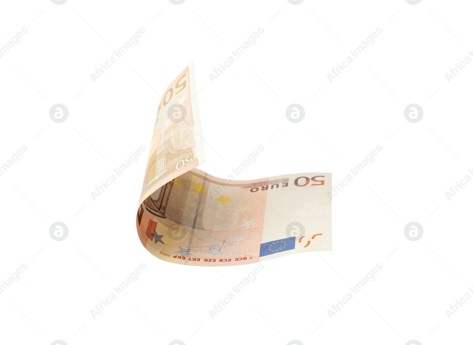 Photo of Flying fifty Euro banknote isolated on white