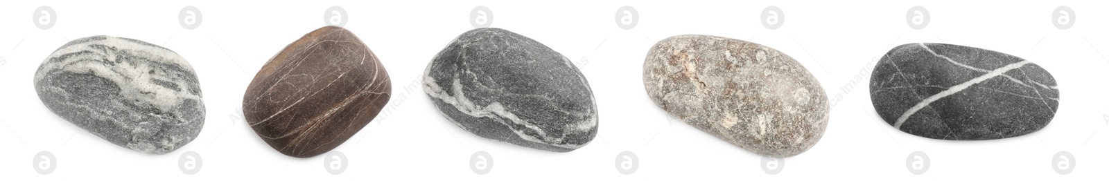 Image of Set with different spa stones on white background. Banner design