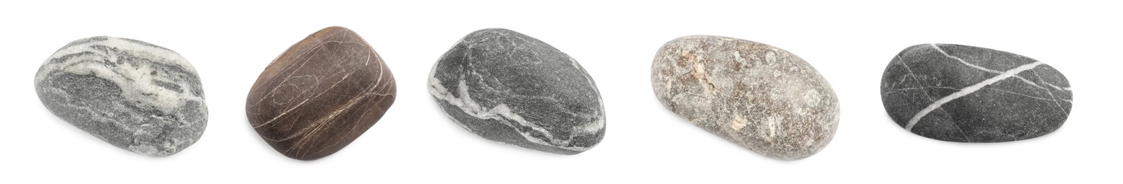 Set with different spa stones on white background. Banner design