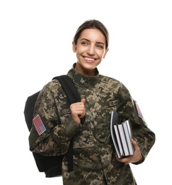 Female cadet with backpack and books isolated on white. Military education