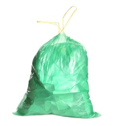 Green trash bag full of garbage isolated on white