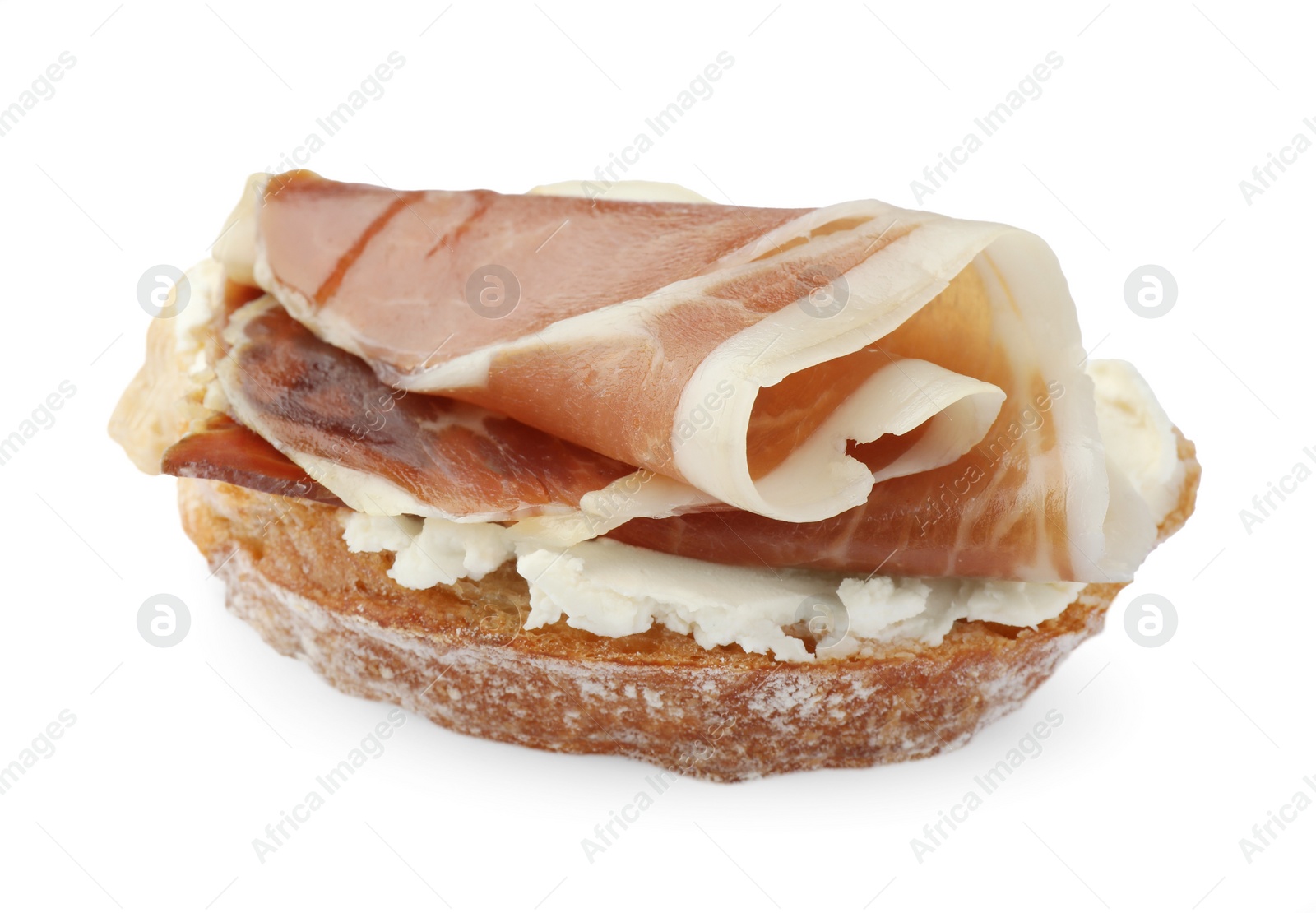 Photo of Tasty sandwich with cured ham isolated on white