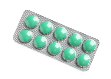 Photo of Blister with bright pills isolated on white, top view