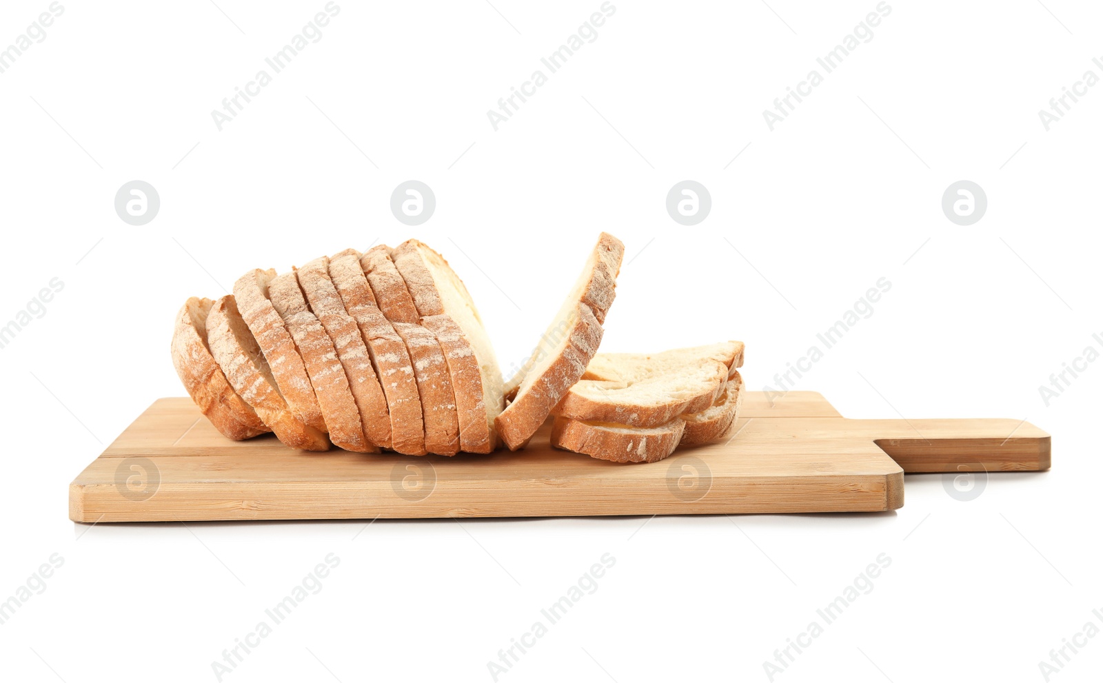 Photo of Board with sliced fresh bread isolated on white