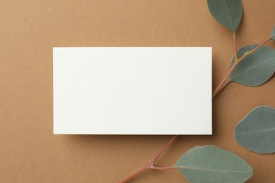 Photo of Blank business card and eucalyptus branch on beige background, top view. Mockup for design