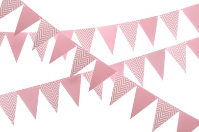 Photo of Rows of triangular bunting flags on white background. Festive decor