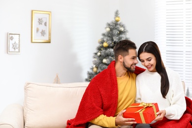 Happy young couple with Christmas gift at home