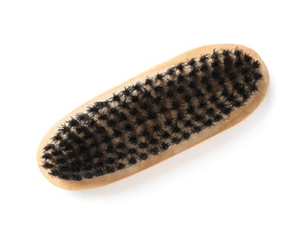 Photo of Shoe brush isolated on white, top view. Footwear care item