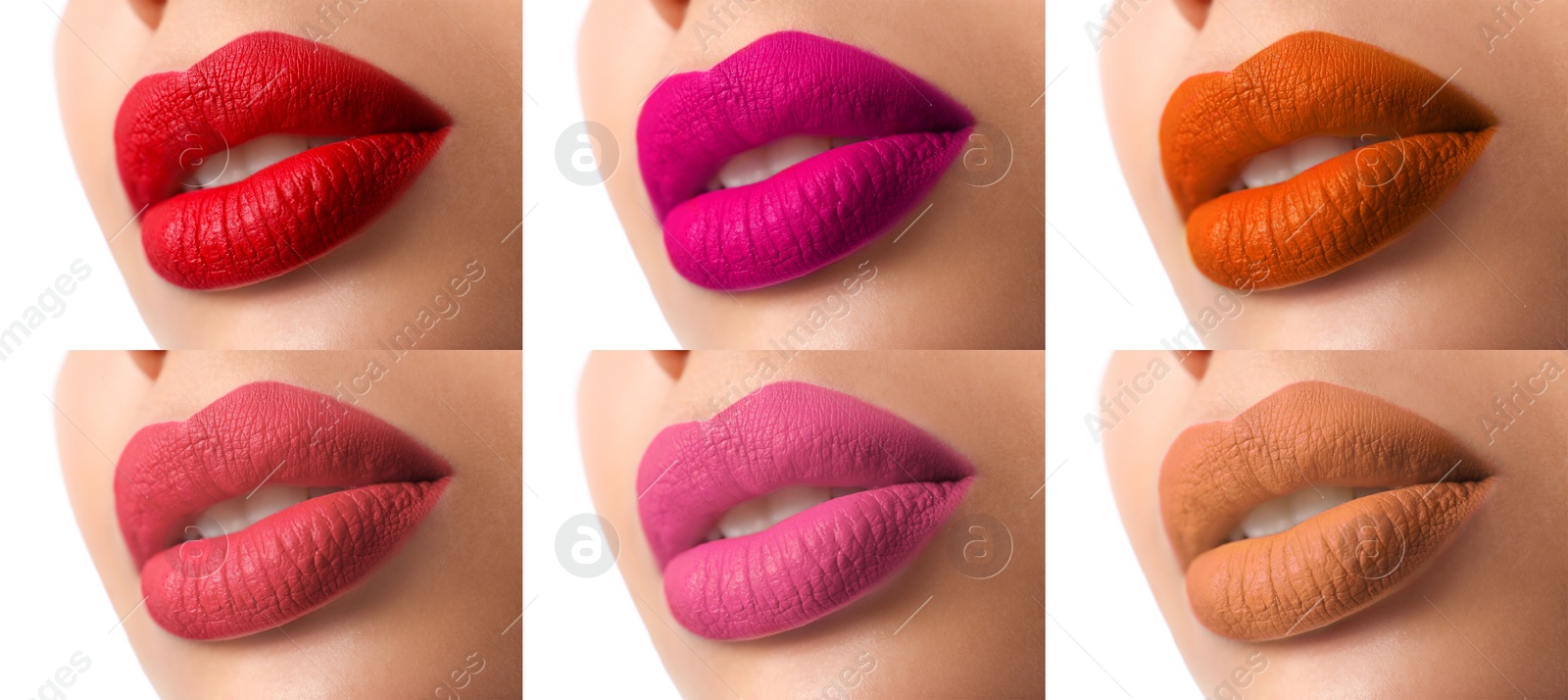 Image of Woman with different color lipsticks, collage. Banner design