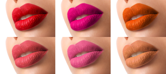 Woman with different color lipsticks, collage. Banner design