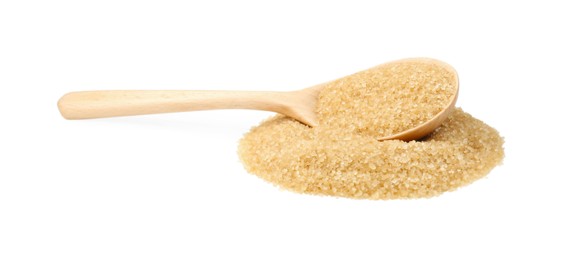 Photo of Pile of brown sugar and wooden spoon isolated on white