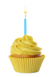 Delicious birthday cupcake with candle and yellow cream isolated on white