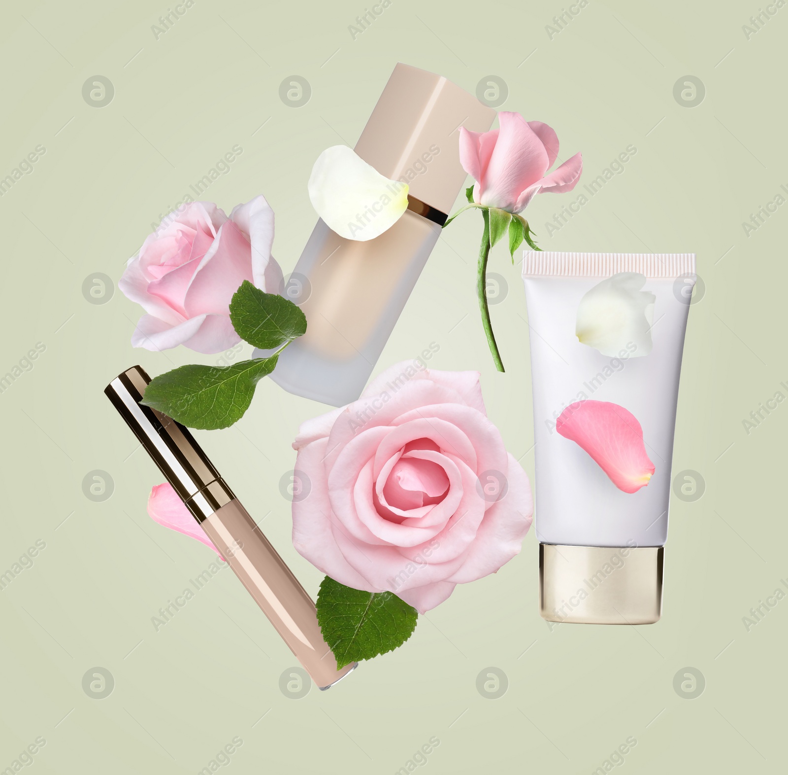 Image of Different makeup products and beautiful roses in air on light green background