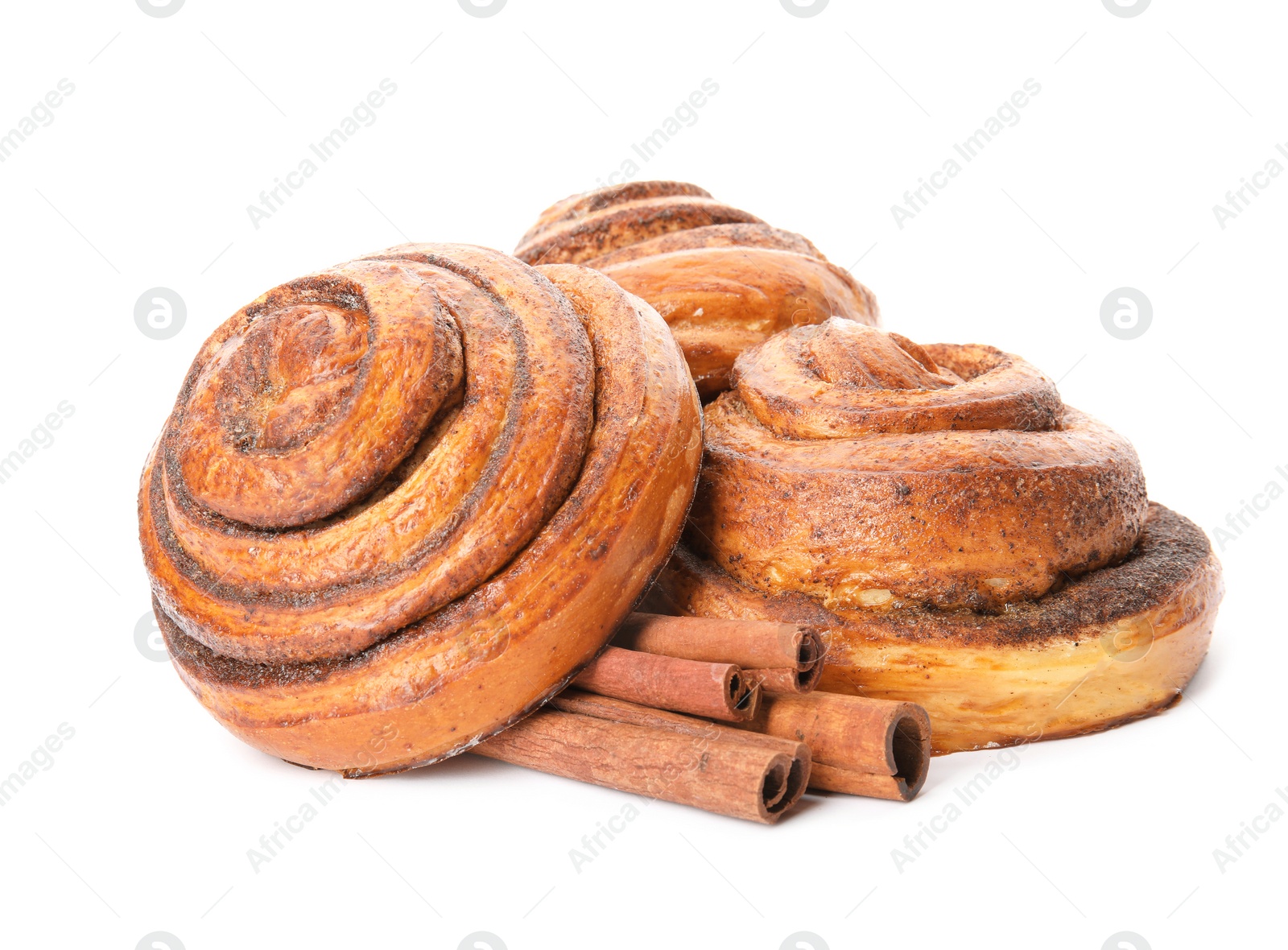 Photo of Freshly baked cinnamon rolls on white background