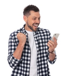 Photo of Emotional man looking at smartphone on white background