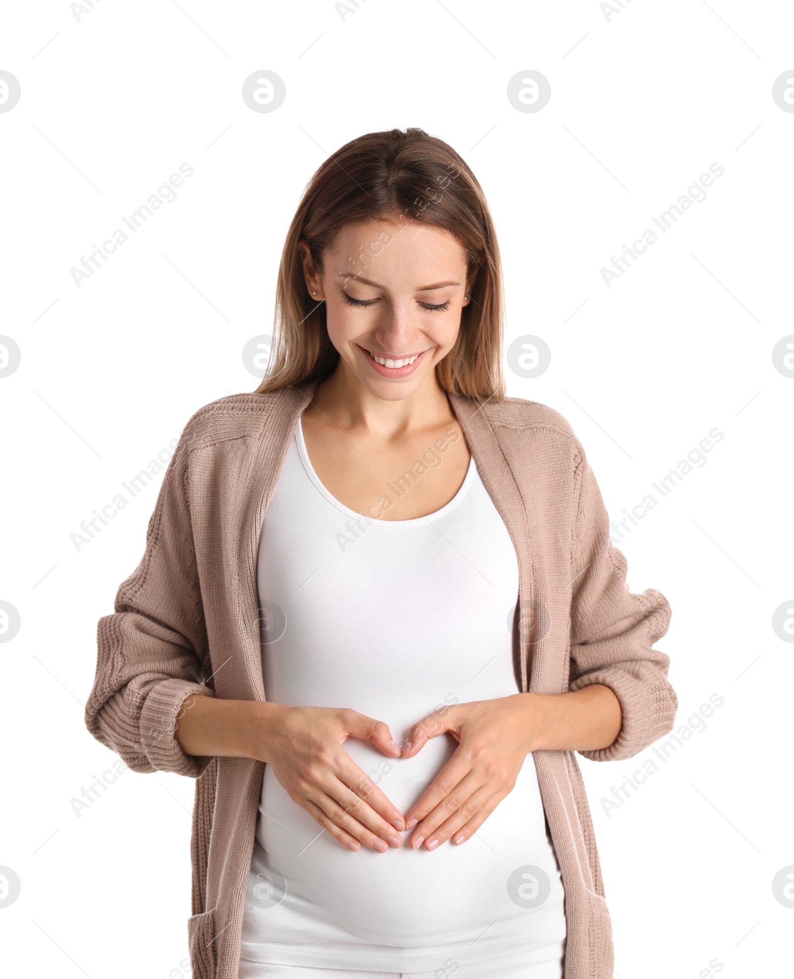 Photo of Happy pregnant woman touching her belly on white background