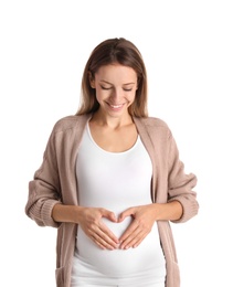 Happy pregnant woman touching her belly on white background