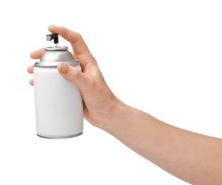 Photo of Woman holding spray air freshener on white background