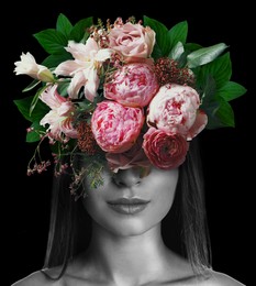 Young woman with beautiful flowers and green leaves on black background. Stylish collage design