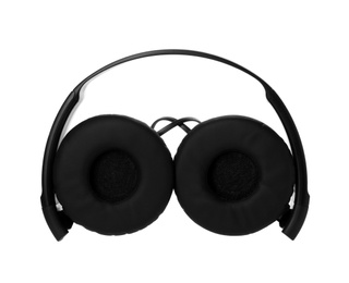 Photo of Stylish modern headphones with earmuffs on white background