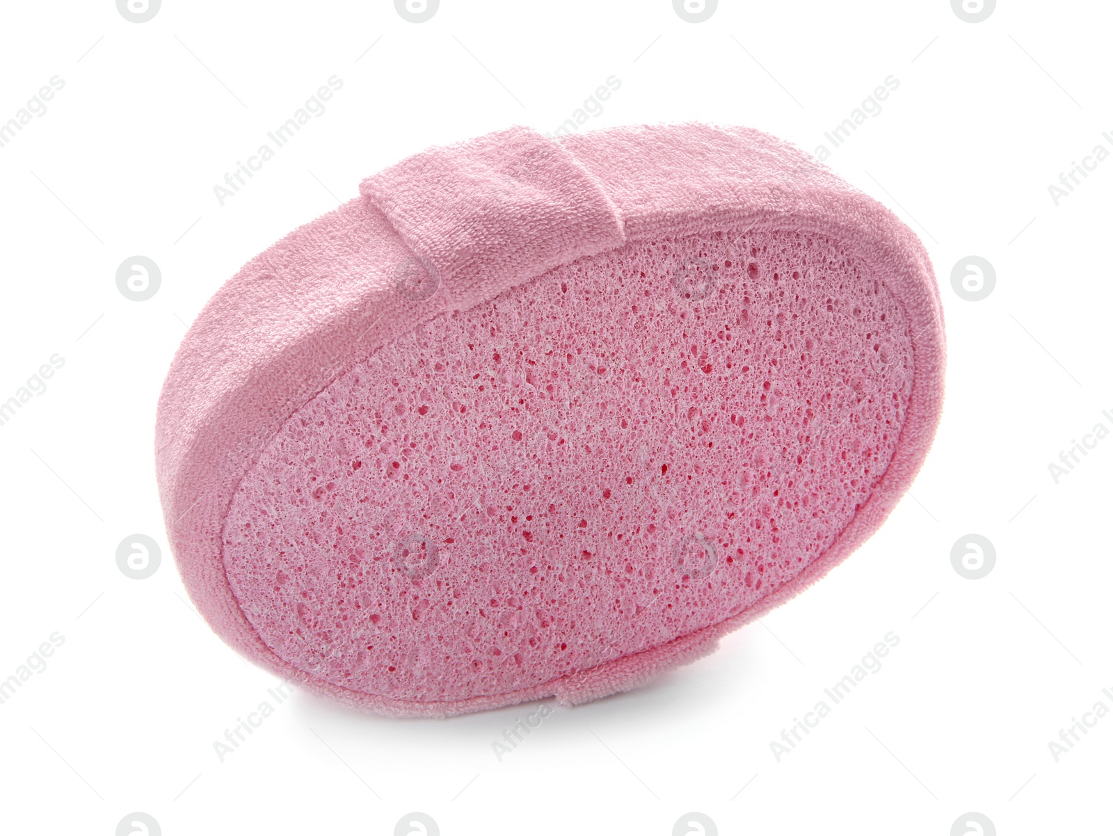 Photo of New pink bath sponge on white background