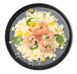 Tasty couscous with shrimps, bell pepper and basil on white background, top view