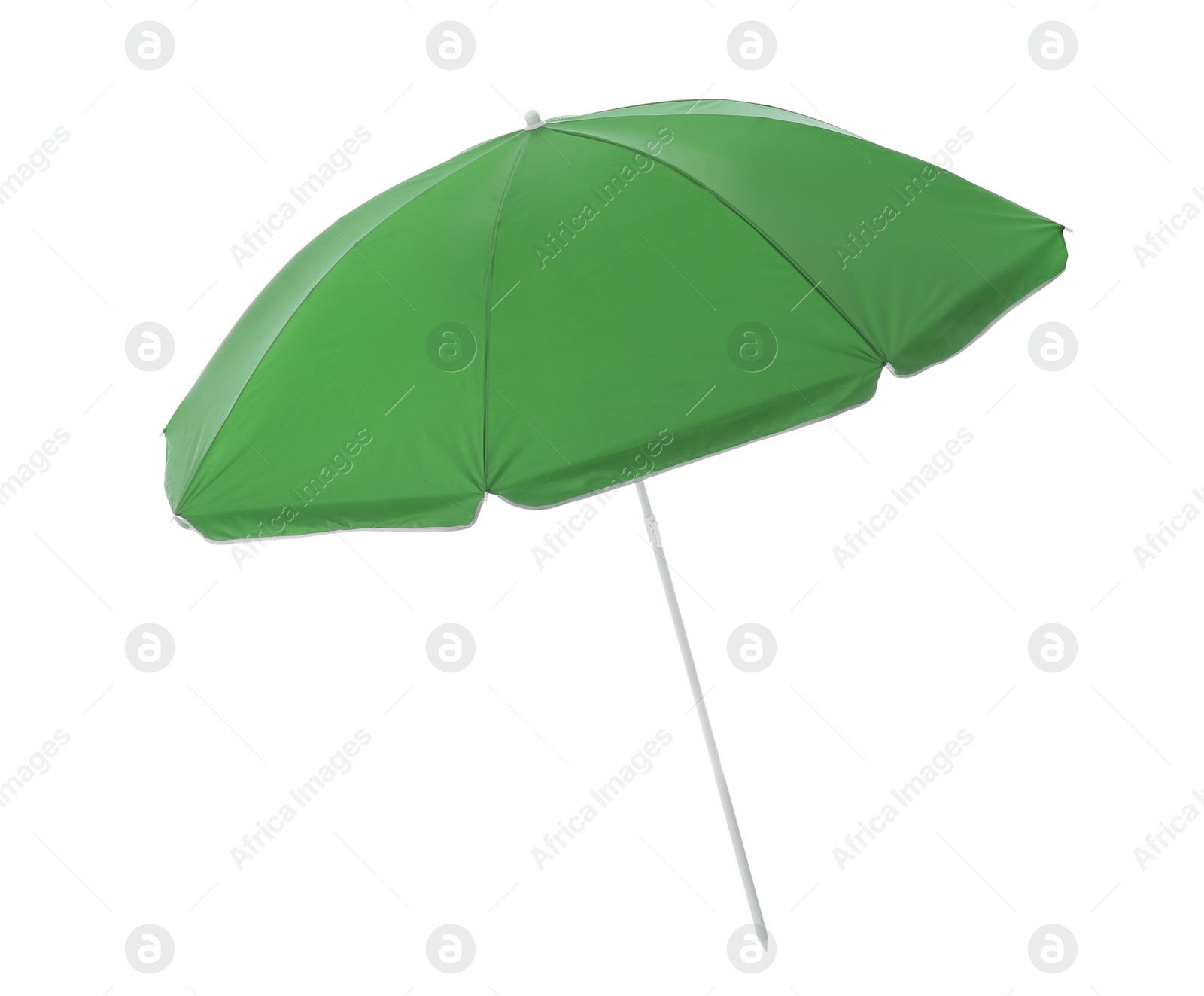 Photo of Open green beach umbrella isolated on white