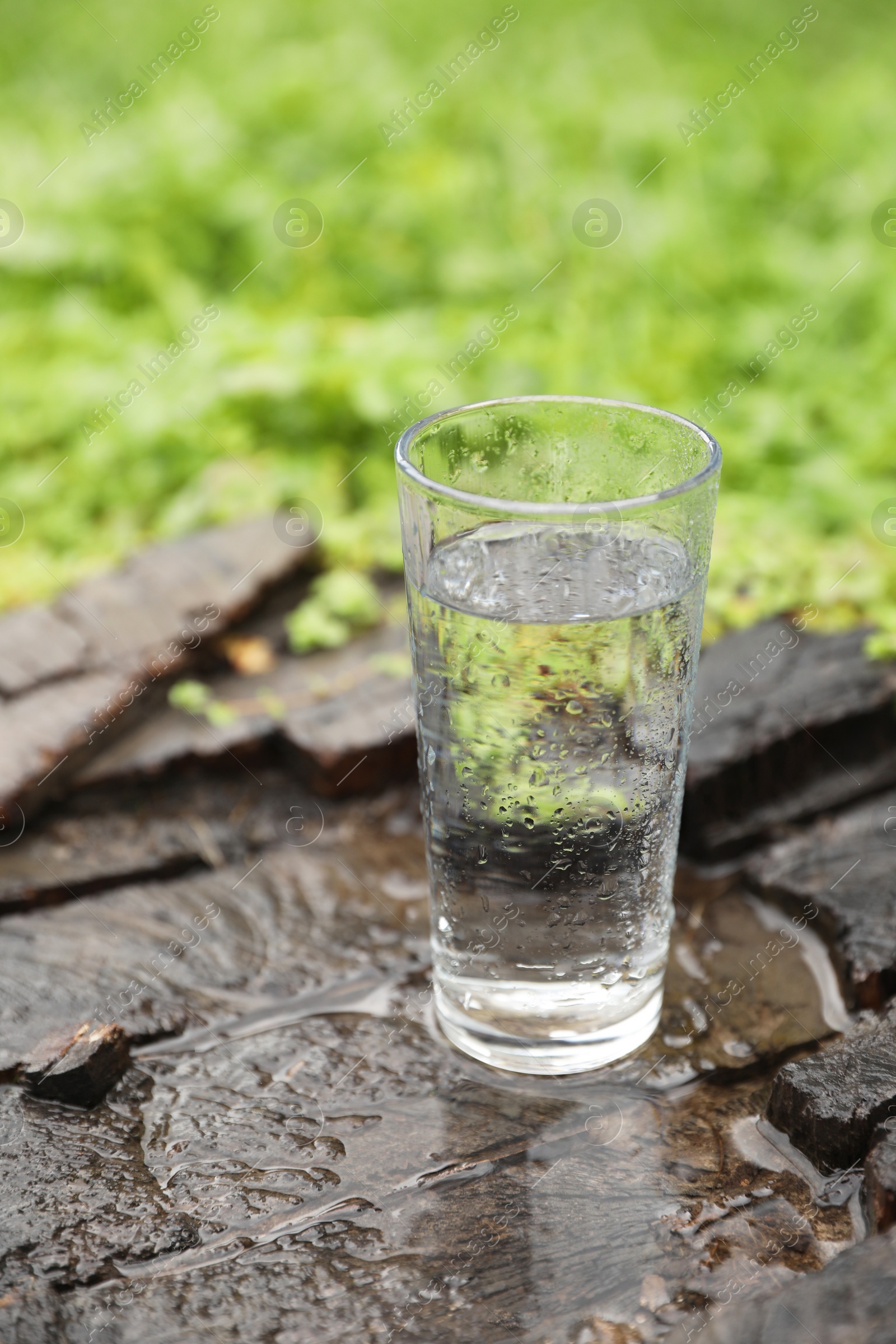 Photo of Glass of fresh water on wooden stump in green grass outdoors