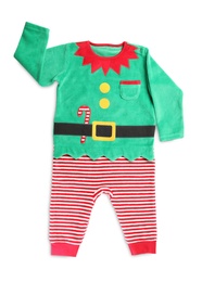 Photo of Cute elf suit on white background, top view. Christmas baby clothes