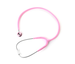 Photo of Stethoscope on white background, top view. Medical device