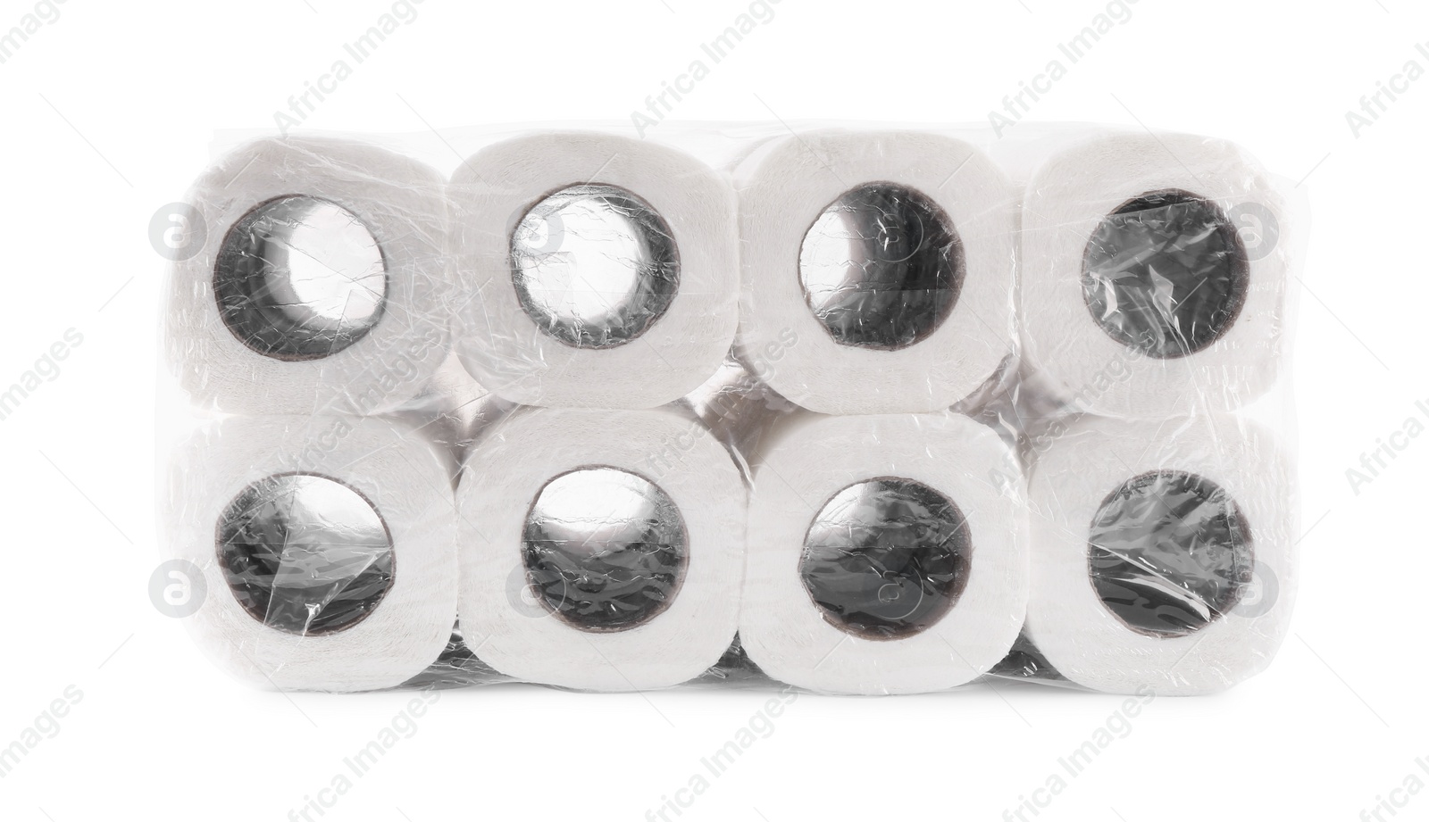 Photo of Package with many soft toilet paper rolls isolated on white