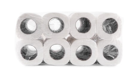 Package with many soft toilet paper rolls isolated on white