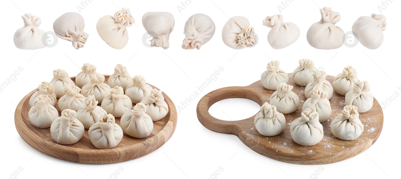 Image of Uncooked khinkalis (dumplings) isolated on white, set