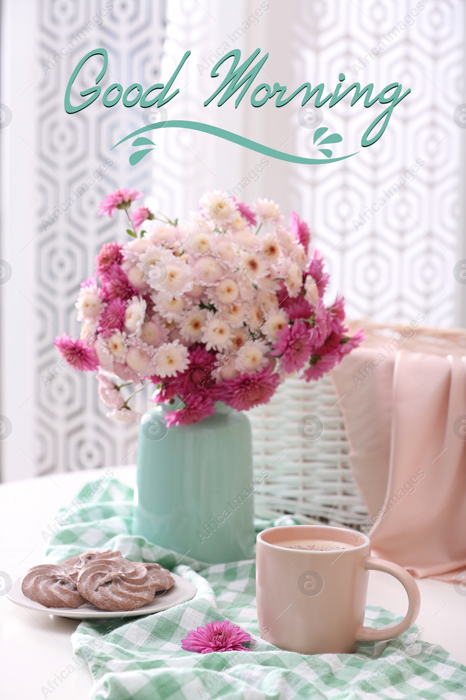 Image of Good morning! Cup of fresh coffee and beautiful bouquet on white table