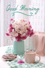 Image of Good morning! Cup of fresh coffee and beautiful bouquet on white table