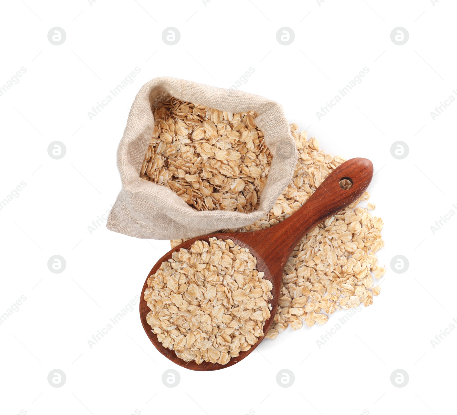 Photo of Sack and spoon with oatmeal isolated on white, top view